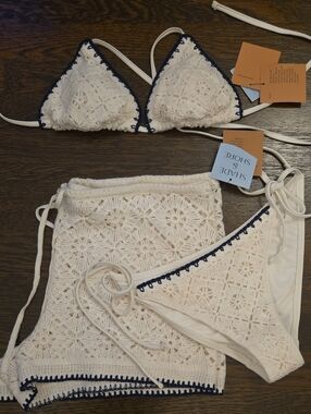 Shade & Shore Cream Crochet Bikini Set with Navy Trim